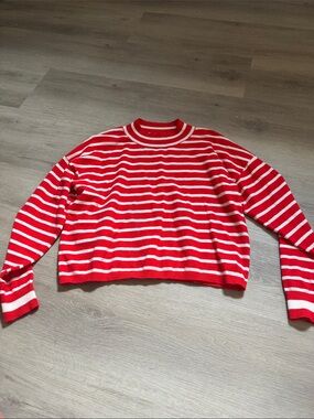 Women's Red & White Striped Crewneck Sweater
